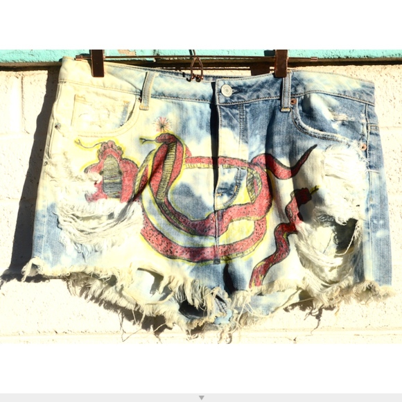 Anti Culture Pants - Sexy Snake Shorts Jean Fringe Biker  Blue Jeans